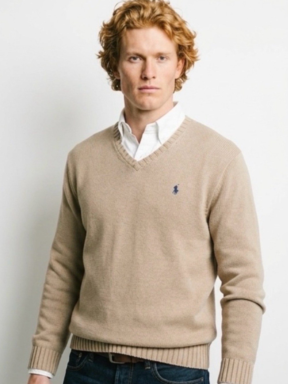 Ralph Lauren 100% Cotton Beige Crewneck Sweater with Navy Polo Pony